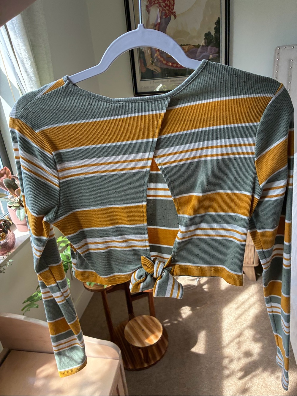 Striped Ribbed Long-Sleeve Crop Top with Open Back